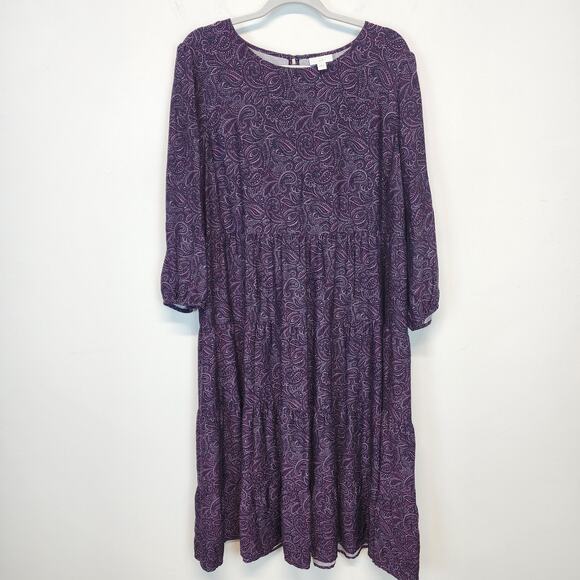 J. Jill Tiered Midi Dress Size L Purple Paisley 3/4 Sleeve Flowy Viscose Boho - Picture 1 of 13